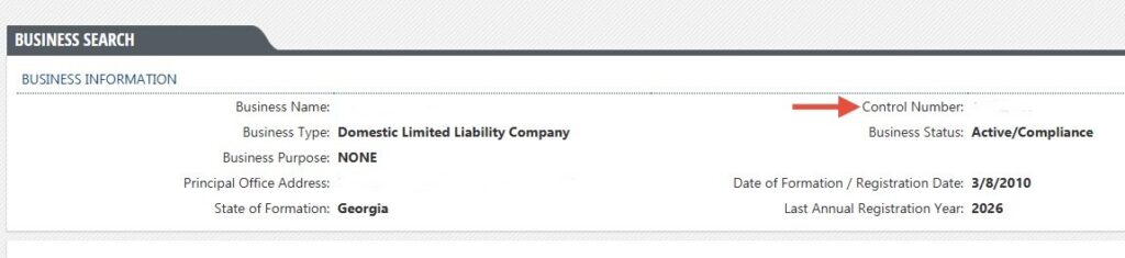 How to Locate a Company’s Control Number in business detail page 