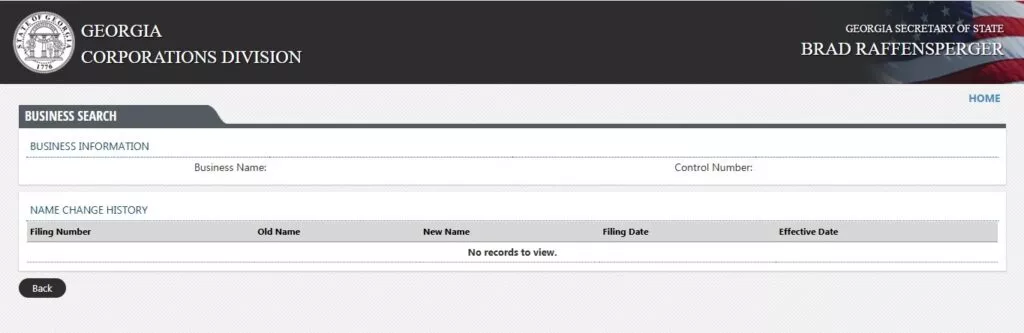The name change history section includes
