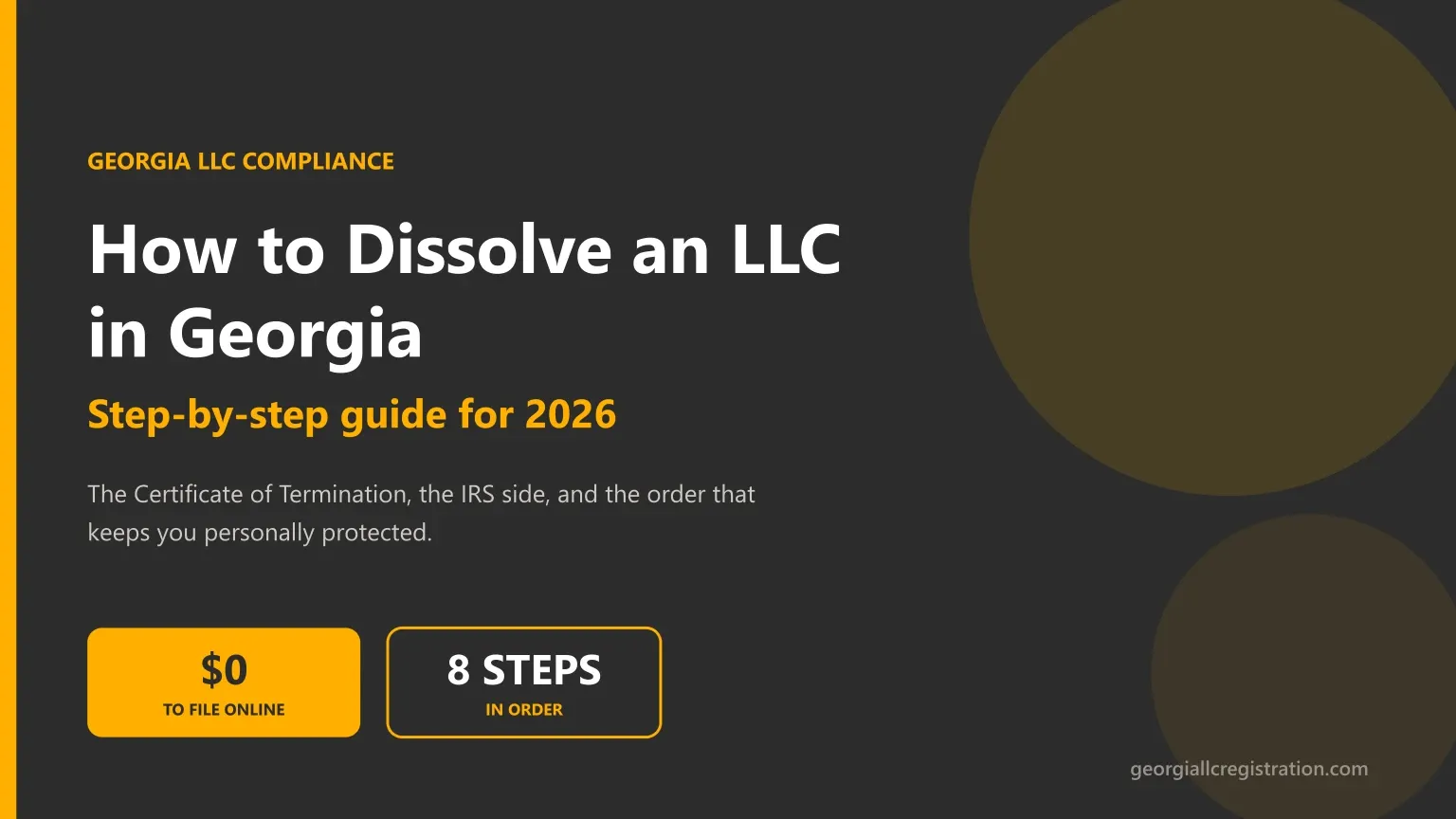 How to dissolve an LLC in Georgia, showing the Certificate of Termination is free to file online and the eight steps that must be completed in order
