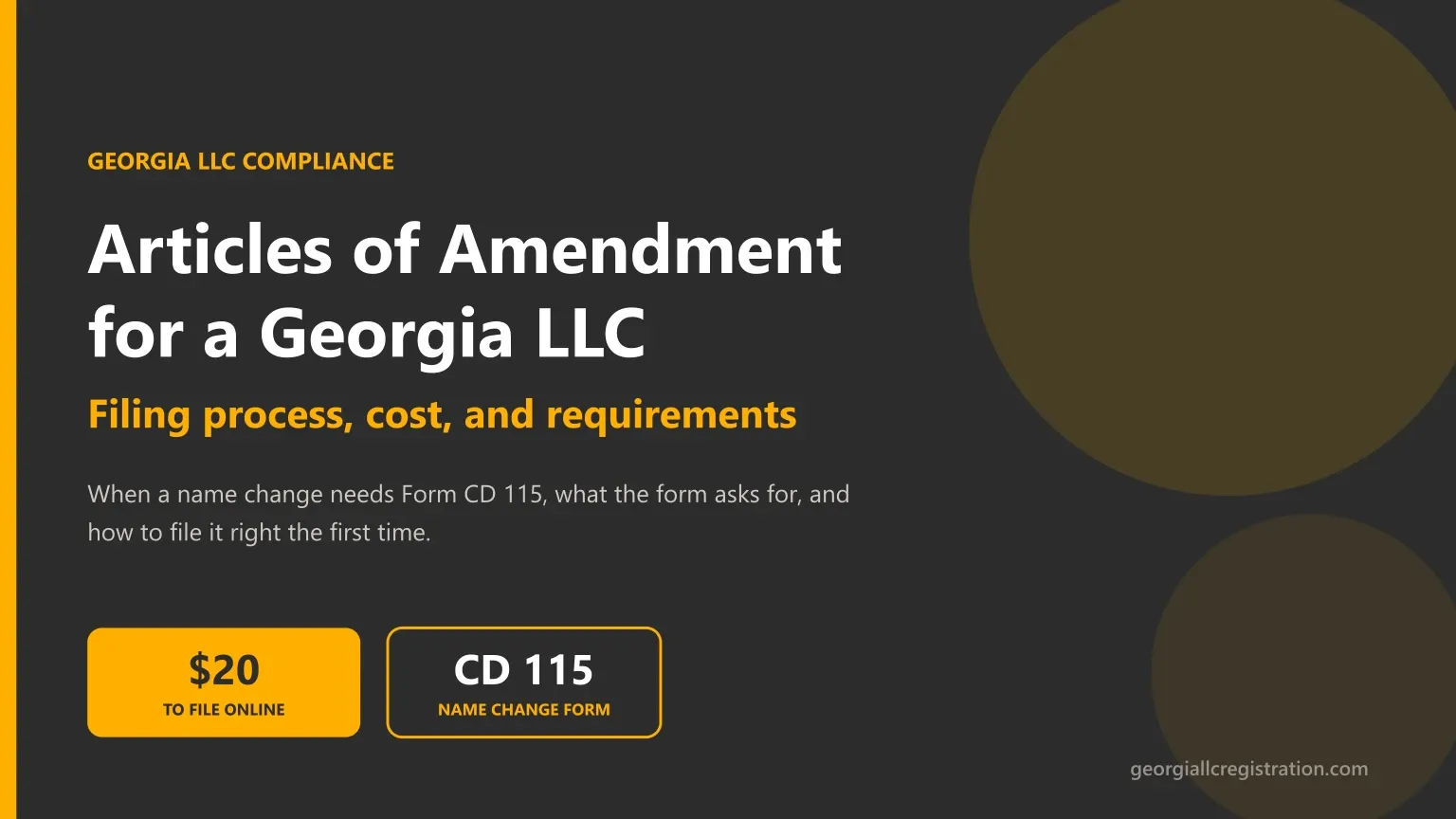 Articles of amendment for a Georgia LLC, covering the Form CD 115 name change filing, its $20 online fee, and the filing requirements