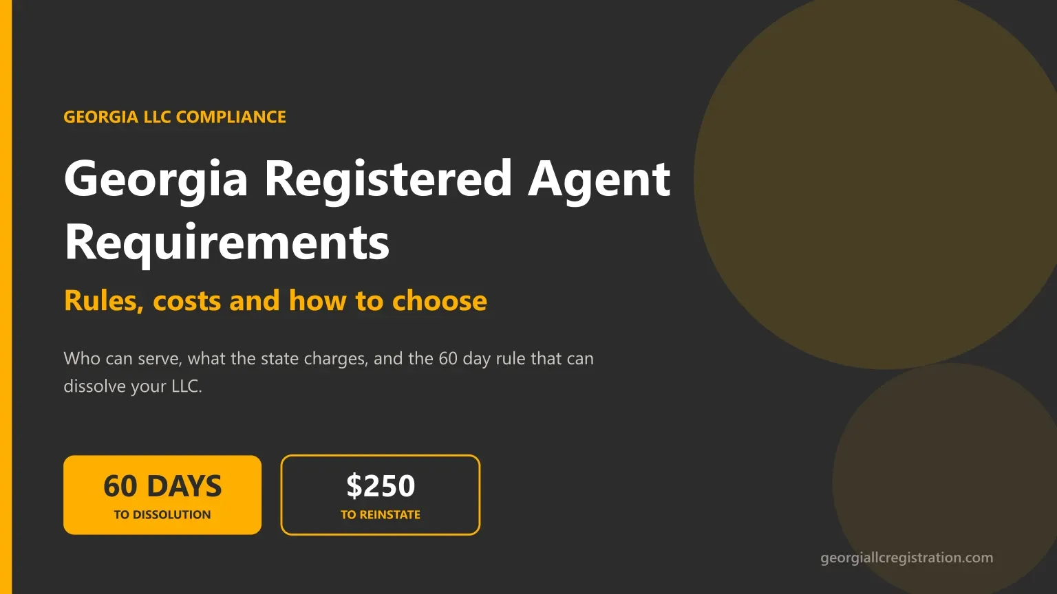 Georgia registered agent requirements, showing the 60 day window before administrative dissolution and the $250 reinstatement fee